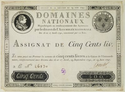 Billet de cinq cents livres, 19 juin 1791 - French School