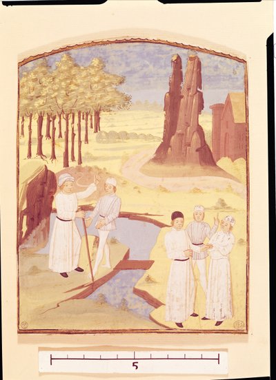 Cinq personnes discutant de la conception de jardins, du Livre des Prouffitz Champestres par Pietro de Crescenzi - French School