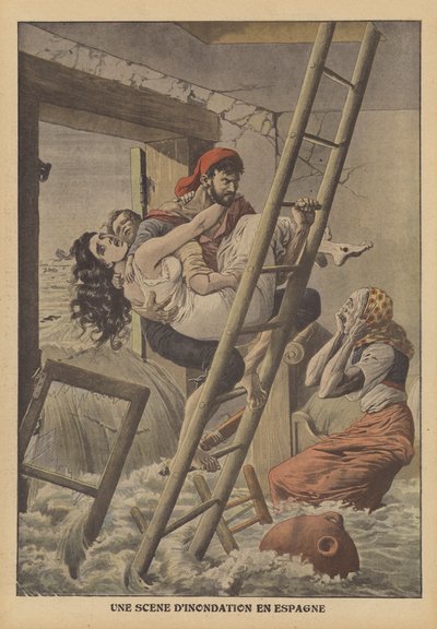 Inondations en Espagne (lithographie couleur) - French School