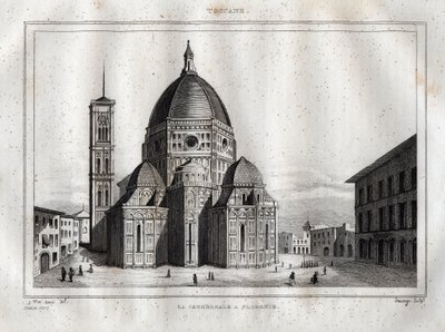 Cathédrale de Florence - Vue de la cathédrale de Florence (Duomo Santa Maria del Fiore). Le dôme a été réalisé par Filippo Brunelleschi vers 1420-1436, Florence, Italie - Gravure de « L