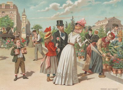 Marché aux fleurs (chromolitho) - French School