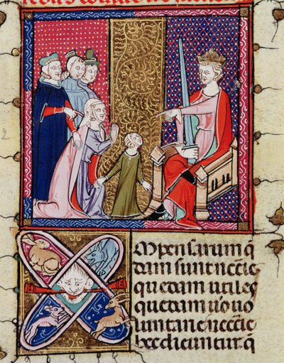 Fol.11v Un enfant et sa mère apparaissant devant un juge, de Justiniani in Fortiatum - French School