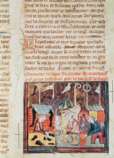 Fol.122v Marchands à la foire de Lendit près de Saint-Denis, des Grandes Chroniques de France, 1375-79 - French School