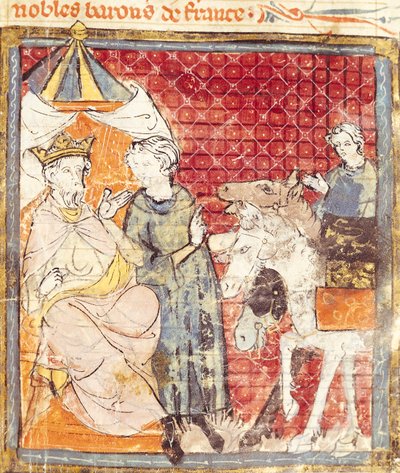 Fol.133r Roland faisant ses adieux à Charlemagne (742-814), Grandes Chroniques de France, 1375-79 - French School