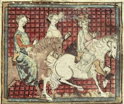 Fol.31r Chilpéric Ier (543-97) et Frédégonde à cheval, des Grandes Chroniques de France, 1375-79 - French School