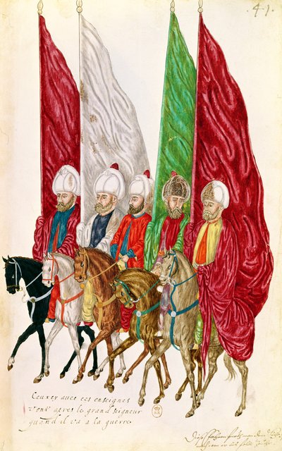 Fol.41 Hommes avec des étendards suivant le Seigneur à la guerre, de 