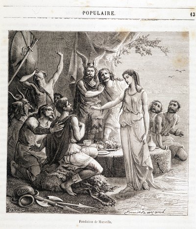 Fondation de Marseille : la ville française fondée par des marins grecs en 600 av. J.-C. Gravure dans « Histoire de France populaire » par Henri Martin. 19e siècle - French School