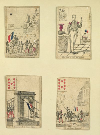 Quatre cartes à jouer commémorant les héros de juillet 1830, 1831 - French School