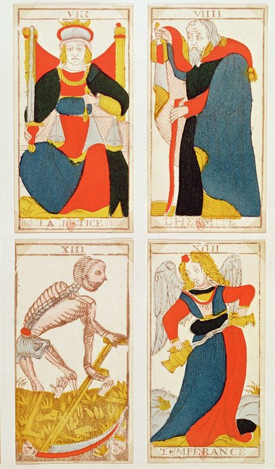 Quatre cartes de tarot représentant la Justice, la Tempérance, la Mort et l