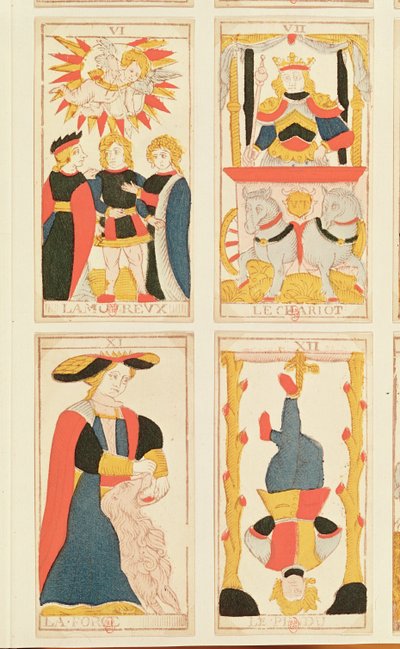 Quatre cartes de tarot représentant les Amoureux, le Chariot, la Force et le Pendu (gravure sur bois en couleur) - French School