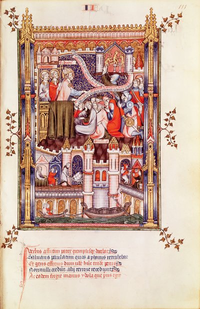 Saint Denis prêchant aux Parisiens qui brisent leurs idoles païennes, de la Vie de Saint Denis, 1317 - French School