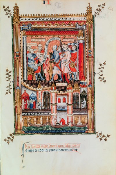 Sisinnius donnant des ordres à Saint Denis et ses compagnons amenés devant lui, de la Vie de Saint Denis, 1317 - French School