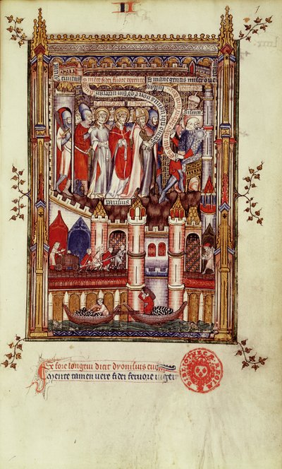 Premier interrogatoire de Saint Denis et ses compagnons par Sisinnius, de la Vie de Saint Denis, 1317 - French School