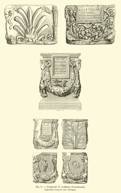 Fragments de sculpture et monuments funeraires trouves rue Vivienne (engraving) - French School