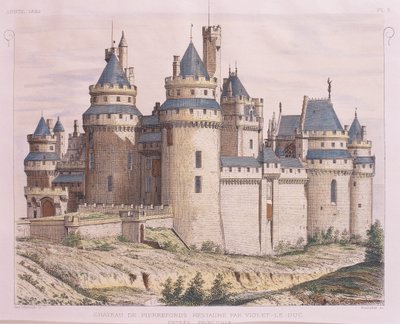 France, Château médiéval de Pierrefonds, restauré par Viollet-le-Duc du Moniteur des Architectes, gravure - French School