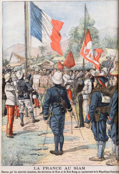 La France prenant possession des territoires de Krat et Koh-Kong, Siam après le traité de 1904 convenu entre les Siamois et les Français. Illustration de 