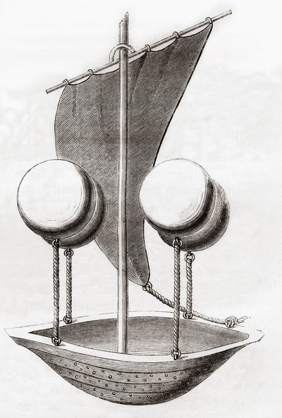 Concept de bateau volant de Francesco Lana de Terzi vers 1670, extrait de Les Merveilles de la Science, publié vers 1870 (lithographie) - French School