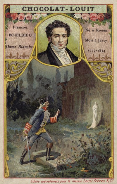 François-Adrien Boieldieu, compositeur français, et une scène de son opéra La Dame Blanche (chromolitho) - French School