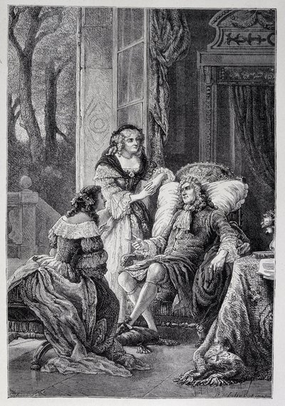 François de La Rochefoucauld (1613-1680) parlant avec Mademoiselle de Sévigné (Marie de Rabutin-Chantal), Marquise de Sévigné dite Madame de Sévigné (1626-1696) et Marie-Madeleine (Marie Madeleine) Pioche de La Vergne, comtesse de Lafayette (Madame de la F - French School