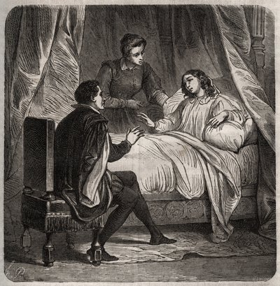 Françoise de Foix, Comtesse de Châteaubriant (vers 1495-1537), malade, reçoit Clément Marot (1496-1544), le valet de François 1er, au lit. Gravure de 1871 dans "Histoire Des Cocus Célèbres" par Henry de Kock - French School
