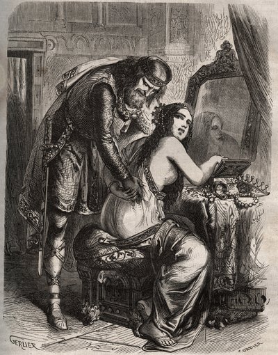Frédégonde prend son mari, le roi des Francs Chilpéric Ier, pour son amant, Landéric. Le roi découvre que sa femme le trompe. Gravure de 1871 dans "Histoire Des Cocus Célèbres" de Henry de Kock - French School
