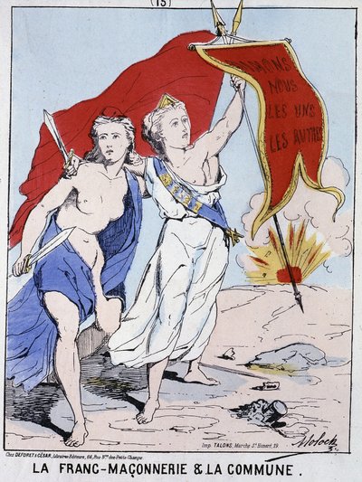 Franc-maçonnerie et la Commune : une femme symbolisant la franc-maçonnerie agite un drapeau avec l