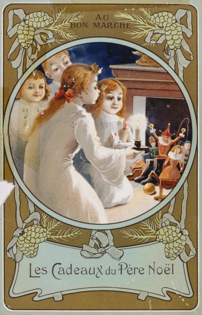Carte de Noël française montrant des filles avec une bougie la veille de Noël - French School