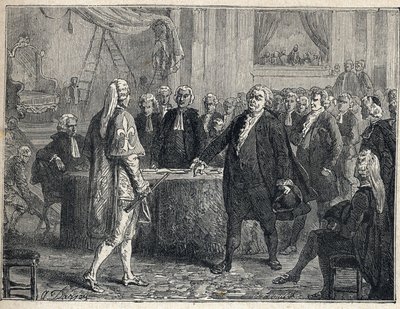 Révolution française - Assemblée générale le 23/06/1789 : Honoré Gabriel Riqueti, comte de Mirabeau (1749-1791) apostrophant Henri Evrard, marquis de Dreux-Brézé (1762-1829). Gravure de 1889. Collection privée. - French School