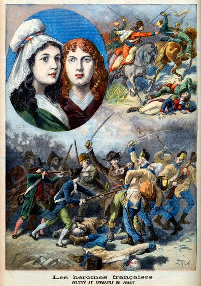 Révolution française - Les héroïnes françaises : les sœurs Félicité (1770-1841) et Théophile (1875-1819) de Fernig qui ont combattu déguisées en homme contre les Autrichiens pour surveiller leur père en 1792 - illustration de « Le Petit Journal » du 7 août - French School