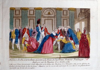 Révolution française : Audience de Louis XVI et Marie-Antoinette le 15/11/1789 accordée à la veuve de François Boulanger massacré par la populace le 21/10/1789. Gravure du 18ème siècle. Paris, Bibliothèque de l
