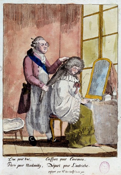 Révolution française : Caricature sur la fuite de la famille royale à Varennes les 20 et 21/06/1791 : le roi Louis XVI coiffant la reine Marie-Antoinette devait partir avec le faux passeport de gouvernante des enfants de la baronne de Korff. Anonyme en cou - French School
