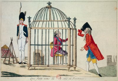 Révolution française : « Que faites-vous, je suis en pénitence » Le roi Louis XVI (1754-1793) représenté dans une cage à la veille de sa fuite à Varennes en juin 1791. Gravure satirique Paris, Bibliothèque de l