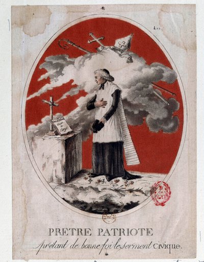 Révolution française : un prêtre patriote prêtant le serment civique de bonne foi. Gravure du 18ème siècle. Paris, Bibliothèque de l