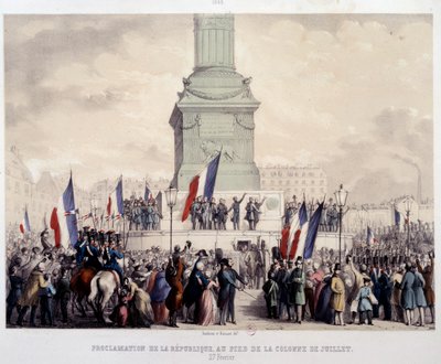 Révolution française de 1848 : proclamation de la Deuxième République au pied de la colonne de Juillet sur la place de la Bastille le 25/02/1848. Lithographie du XIXe siècle. Paris, Musée Carnavalet - French School