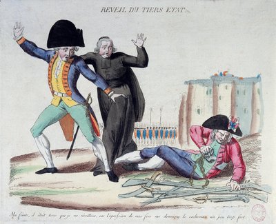 Révolution française : le réveil du Tiers État. Caricature sur les trois ordres. Il se libère de ses chaînes sous les yeux effrayés de l