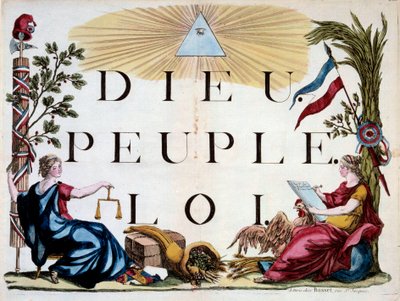 Révolution française : le triangle divin illuminant Dieu, le Peuple et la Loi, les allégories de la France, la Justice, l