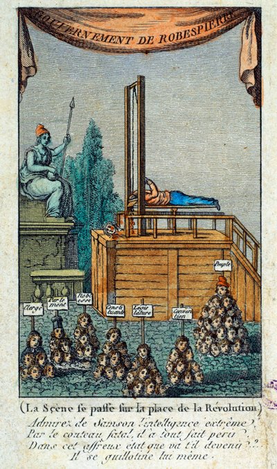 Révolution française : le bourreau se guillotinant lui-même. Satire contre Maximilien Robespierre - French School