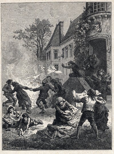 Révolution française : les paysans brûlent leurs titres féodaux et dansent autour du feu pour célébrer l