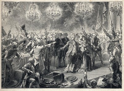 Révolution française : les royalistes prêtent serment de fidélité à la monarchie en présence du roi Louis XVI (1754-1793), de la reine Marie-Antoinette (1755-1793) et du dauphin au banquet des gardes du corps organisé le 1er octobre 1789 dans l