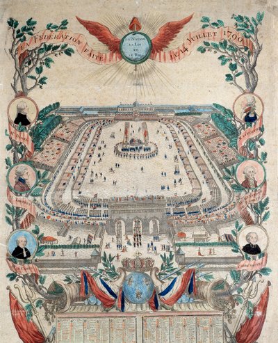 Révolution française : vue de la fête de la fédération nationale le 14/07/1790 au Champ de Mars. Gravure de 1790. Paris, Archives Nationales - French School