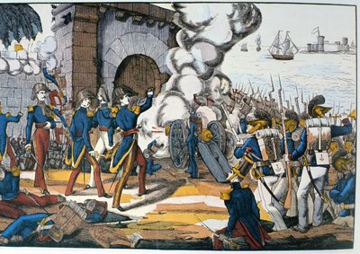 Attaque française sur la forteresse mexicaine de San Juan de Ulua pendant la guerre des Pâtisseries de 1838 - French School