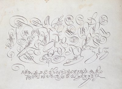 Calligraphie française : Planche de capitales, gravure de Frisius, calcographe du roi par Robert Vignon dans le jardin de l