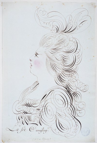 Calligraphie française : Portrait de la princesse de Polignac de face rehaussé à l