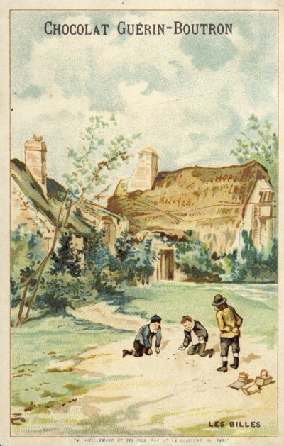 Enfants français jouant aux billes devant un cottage - French School