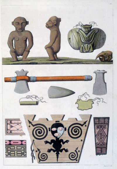 Colonies françaises : objets des Arawaks, premiers habitants de la Martinique aux Antilles. Gravure du 19ème siècle - French School