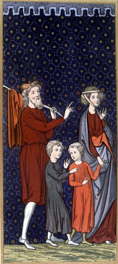 Famille française au 14e siècle - dans «Arts somptuaires du costume et du mobilier», éd. Mangard-Maugé - French School