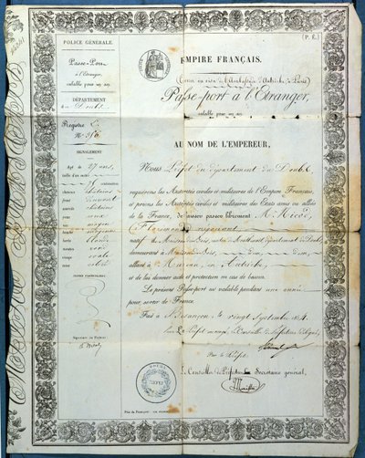 Passeport français, de Besançon, 20 septembre 1854 - French School