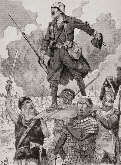 Affiche de propagande française intitulée « On Les Aura ». Quatre soldats de différentes périodes historiques portent un soldat de la Première Guerre mondiale blessé mais défiant sur un bouclier. De l