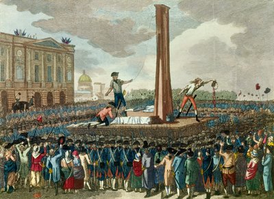 Révolution française : exécution à la guillotine du roi Louis XVI (1754-1793), le bourreau présente sa tête coupée. Gravure d