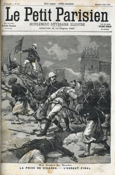 Soldats français au Soudan : mai 1898. Sac de Sikasso par le colonel Audeoud (Soudan). La prise de Sikasso. Couverture de « Le Petit Parisien » de juin 1898. - French School